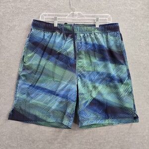Speedo Men‎ Swimwear L Blue Swim Trunks Geometric Zipper Logo 8" Inseam
